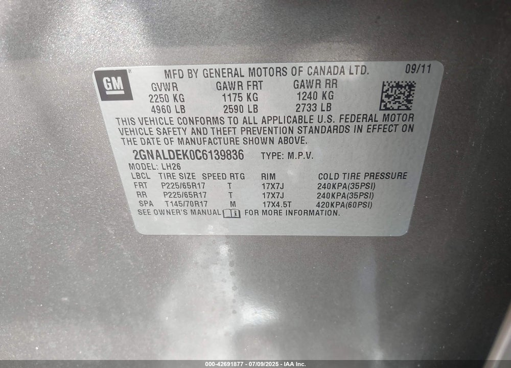 2012 CHEVROLET EQUINOX VIN: 2GNALDEK0C6139836