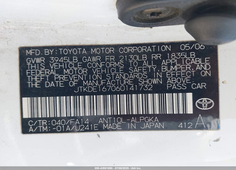 2006 SCION TC VIN: JTKDE167060141732
