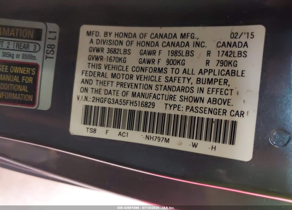 2015 HONDA CIVIC VIN: 2HGFG3A55FH516829