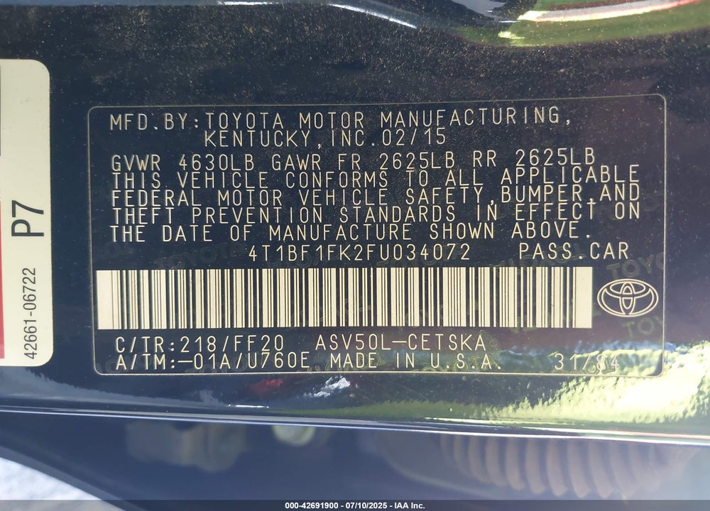 2015 TOYOTA CAMRY VIN: 4T1BF1FK2FU034072