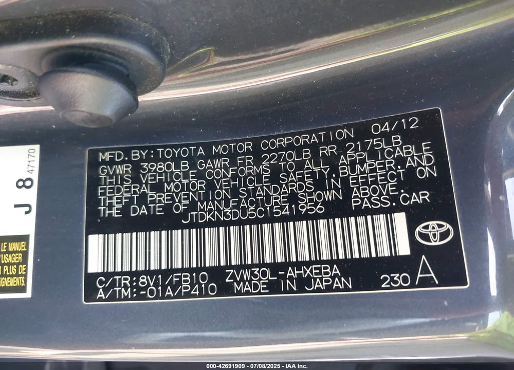 2012 TOYOTA PRIUS VIN: JTDKN3DU5C1541956