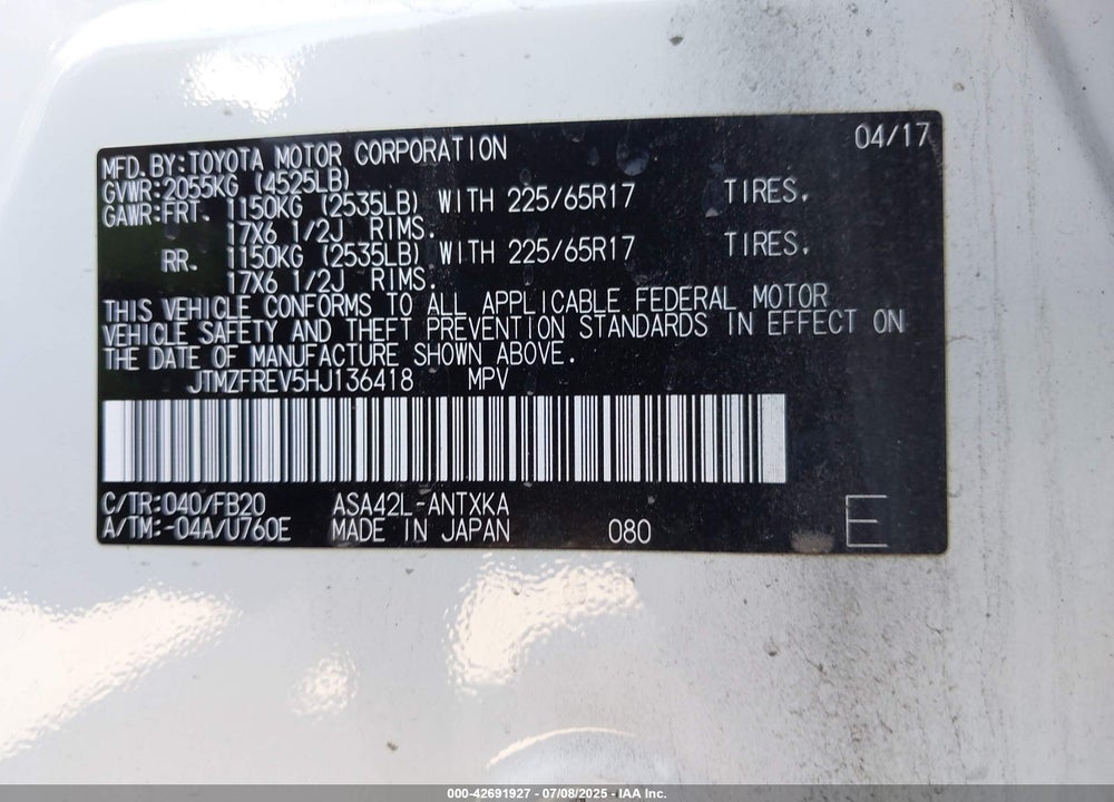 2017 TOYOTA RAV4 VIN: JTMZFREV5HJ136418