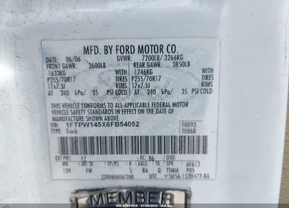 2006 FORD F-150 VIN: 1FTPW145X6FB54052
