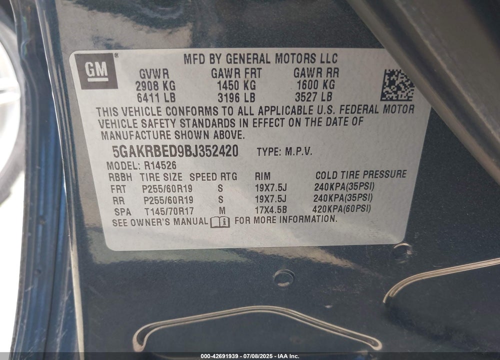 2011 BUICK ENCLAVE VIN: 5GAKRBED9BJ352420