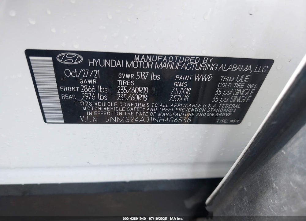 2022 HYUNDAI SANTA FE VIN: 5NMS24AJ1NH406538