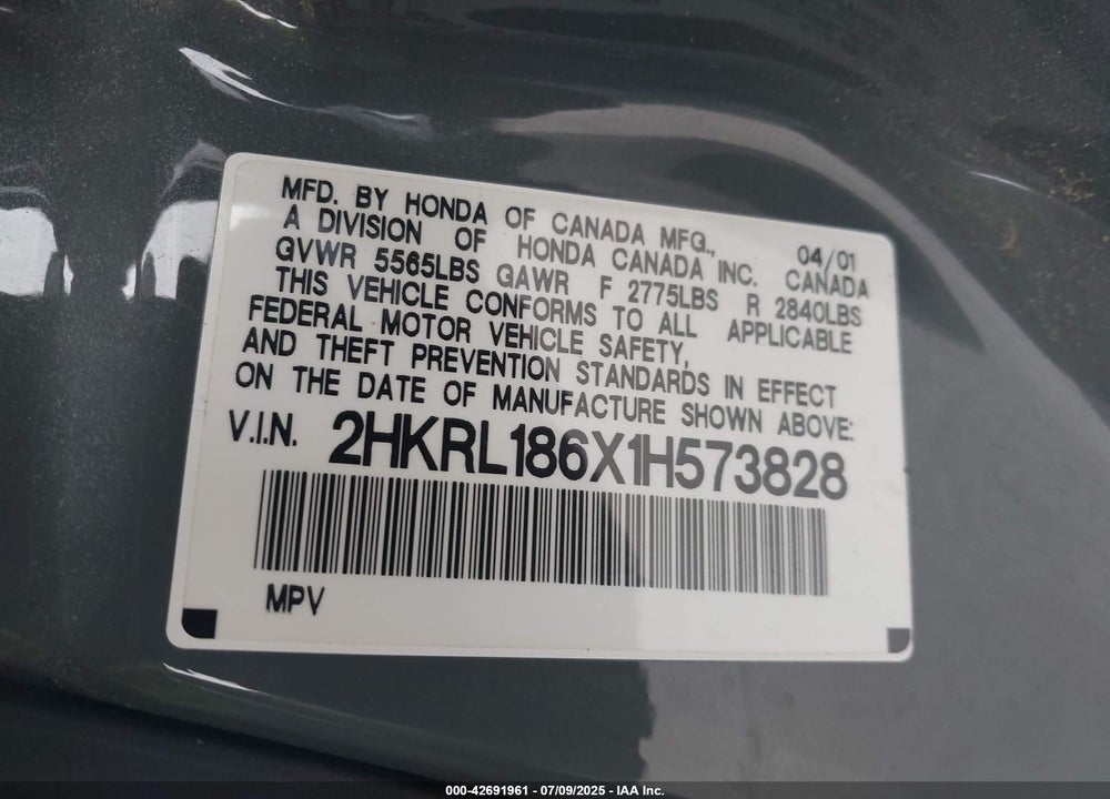 2001 HONDA ODYSSEY EX VIN: 2HKRL186X1H573828