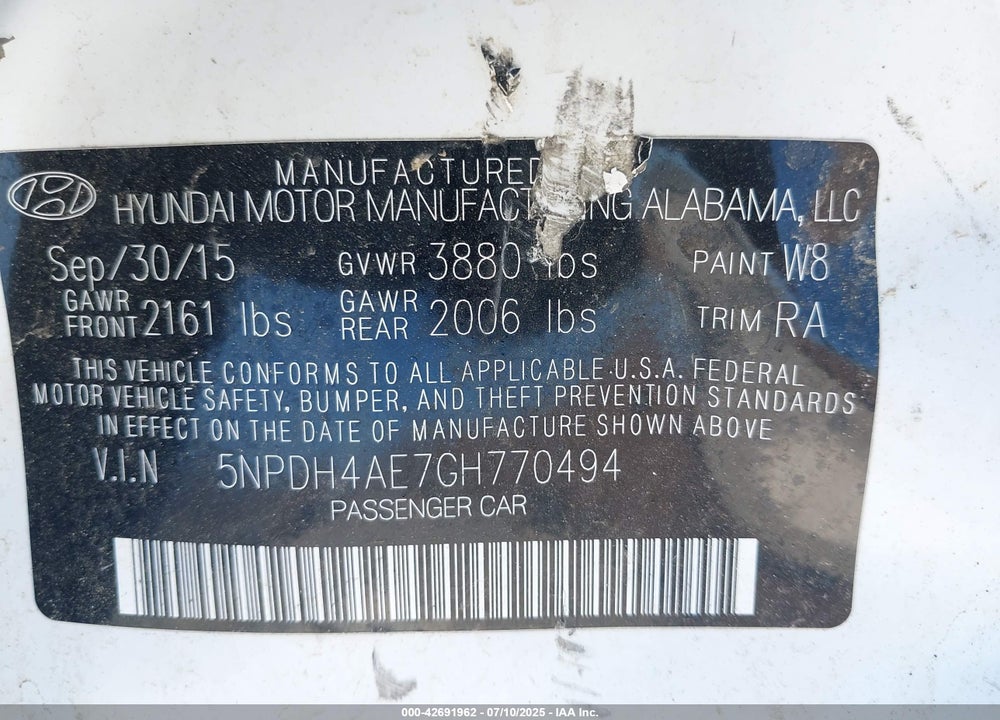 2016 HYUNDAI ELANTRA VIN: 5NPDH4AE7GH770494