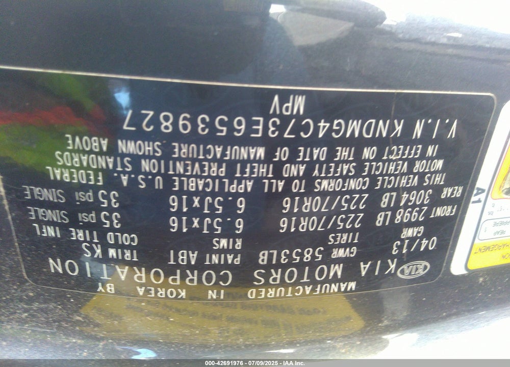 2014 KIA SEDONA VIN: KNDMG4C73E6539827