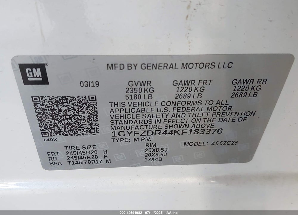 2019 CADILLAC XT4 AWD PREMIUM LUXURY VIN: 1GYFZDR44KF183376