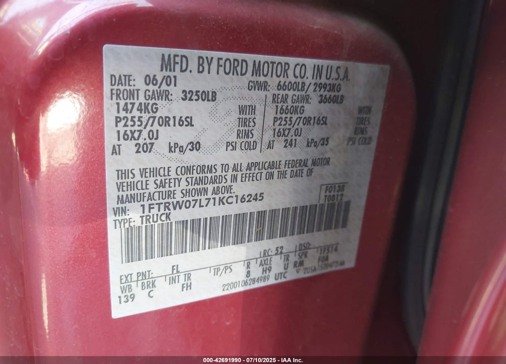 2001 FORD F-150 VIN: 1FTRW07L71KC16245