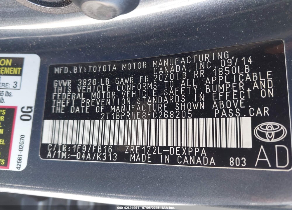 2015 TOYOTA COROLLA VIN: 2T1BPRHE8FC268205