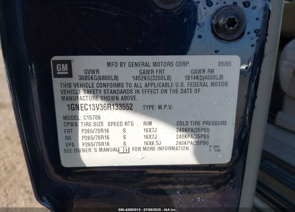2006 CHEVROLET TAHOE VIN: 1GNEC13V36R133552