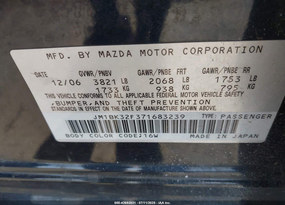 2007 MAZDA 3 VIN: JM1BK32F371683239