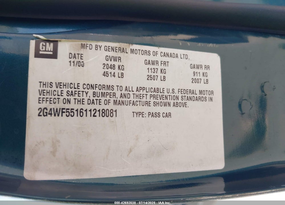 2001 BUICK REGAL GS VIN: 2G4WF551611218081