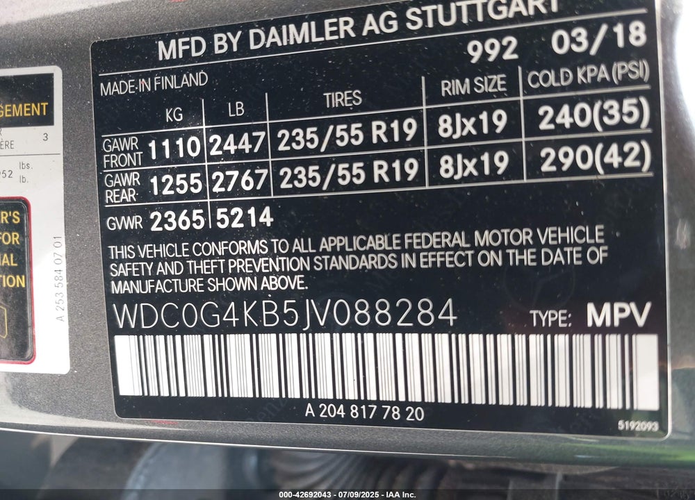 2018 MERCEDES-BENZ GLC CLASS VIN: WDC0G4KB5JV088284