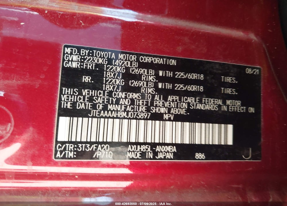 2021 TOYOTA VENZA VIN: JTEAAAAH8MJ073897