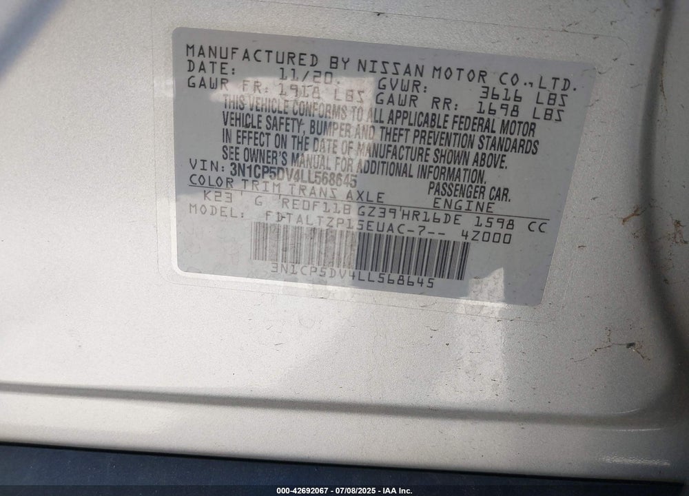 2020 NISSAN KICKS VIN: 3N1CP5DV4LL568645