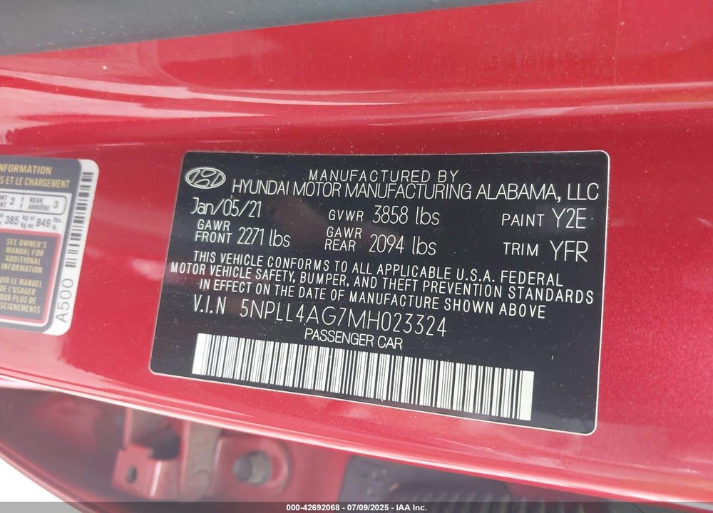 2021 HYUNDAI ELANTRA VIN: 5NPLL4AG7MH023324