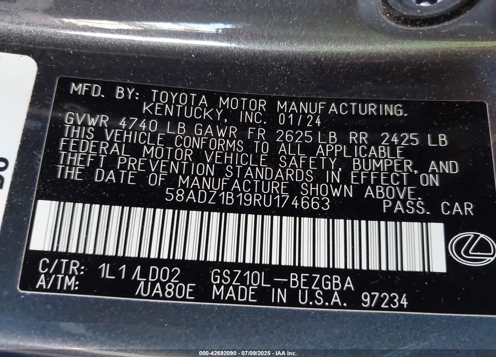 2024 LEXUS ES 350 VIN: 58ADZ1B19RU174663