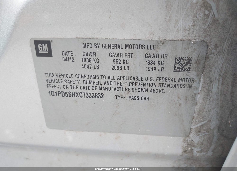 2012 CHEVROLET CRUZE VIN: 1G1PD5SHXC7333832