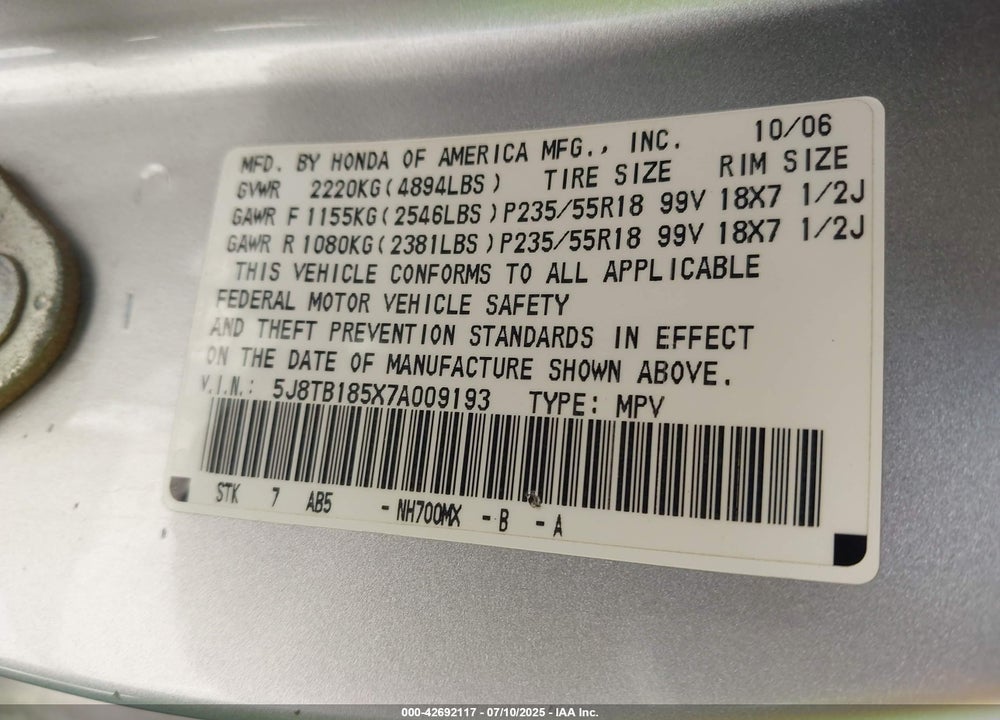 2007 ACURA RDX VIN: 5J8TB185X7A009193
