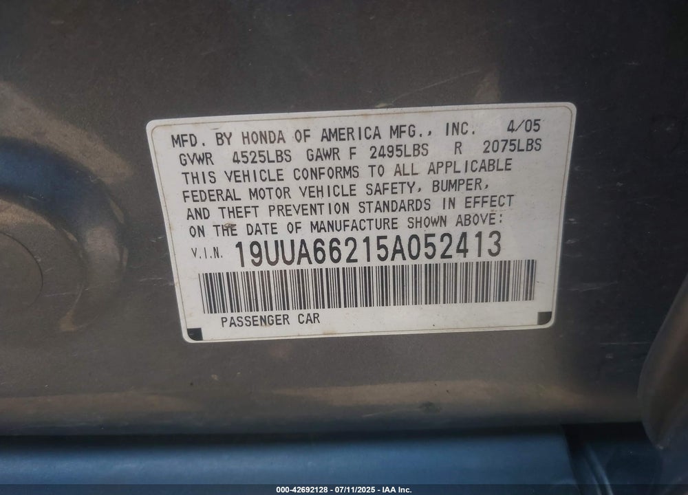 2005 ACURA TL VIN: 19UUA66215A052413