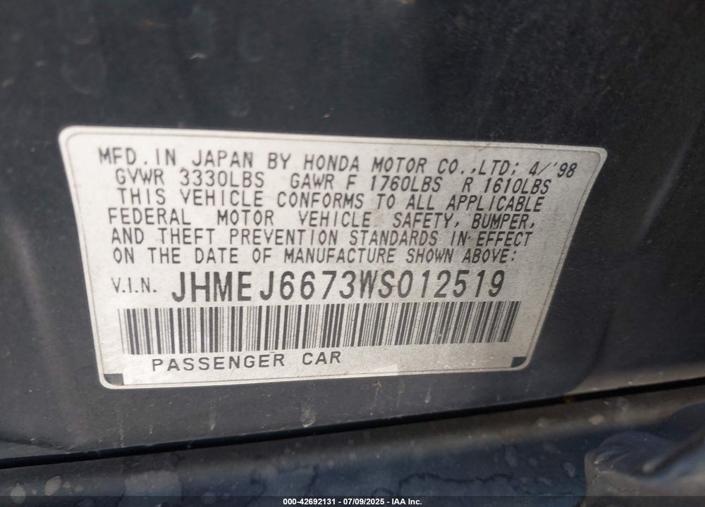 1998 HONDA CIVIC LX VIN: JHMEJ6673WS012519
