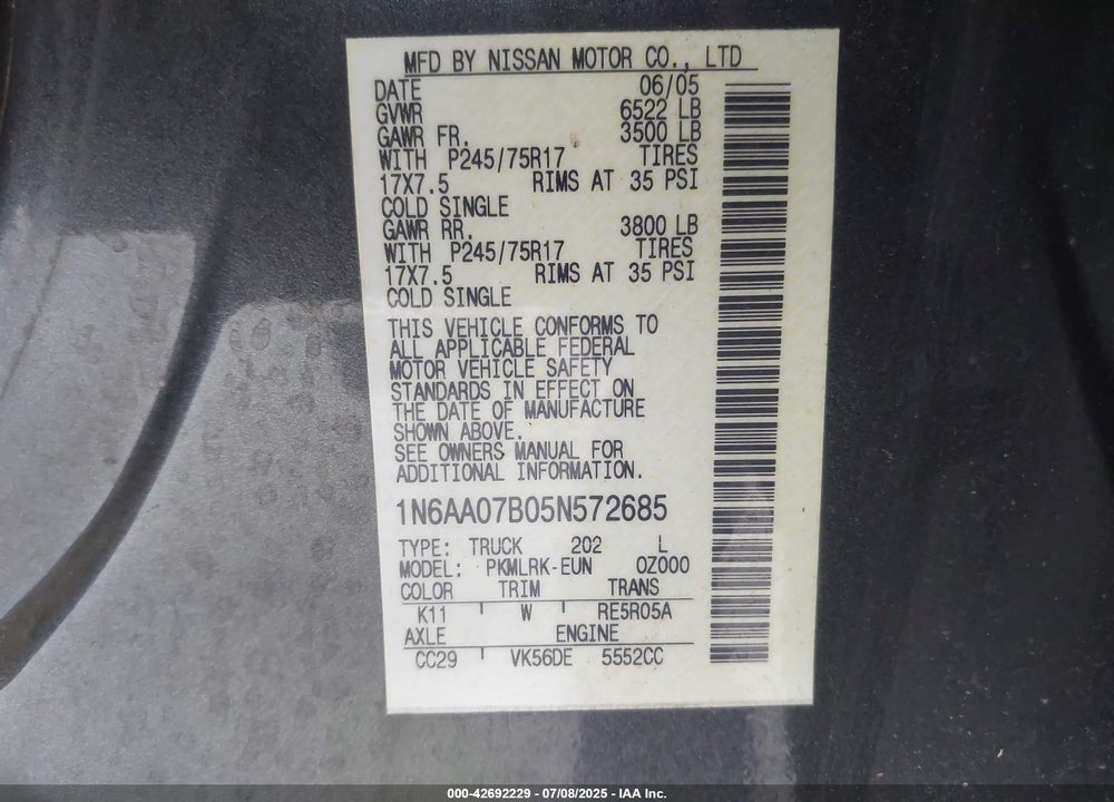 2005 NISSAN TITAN XE VIN: 1N6AA07B05N572685