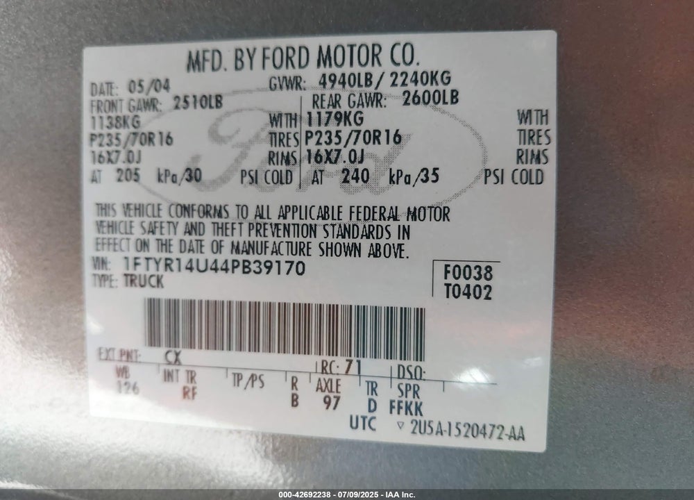 2004 FORD RANGER EDGE/TREMOR/XL/XLT VIN: 1FTYR14U44PB39170