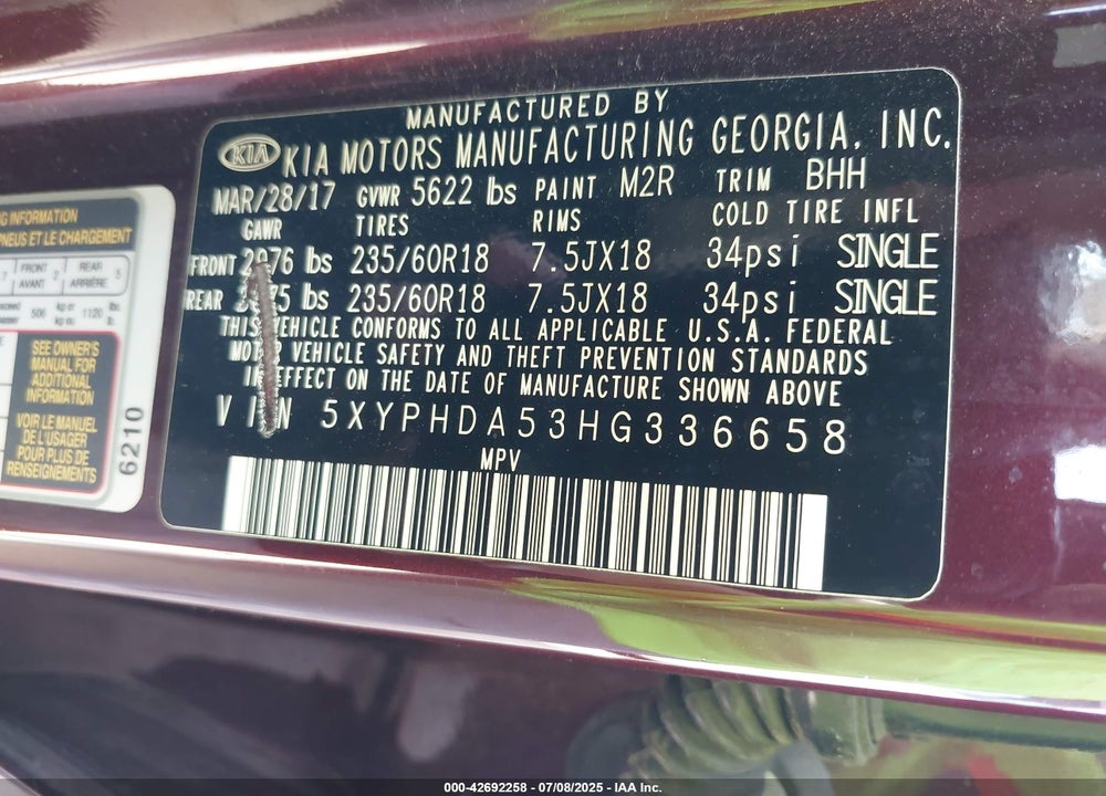 2017 KIA SORENTO VIN: 5XYPHDA53HG336658