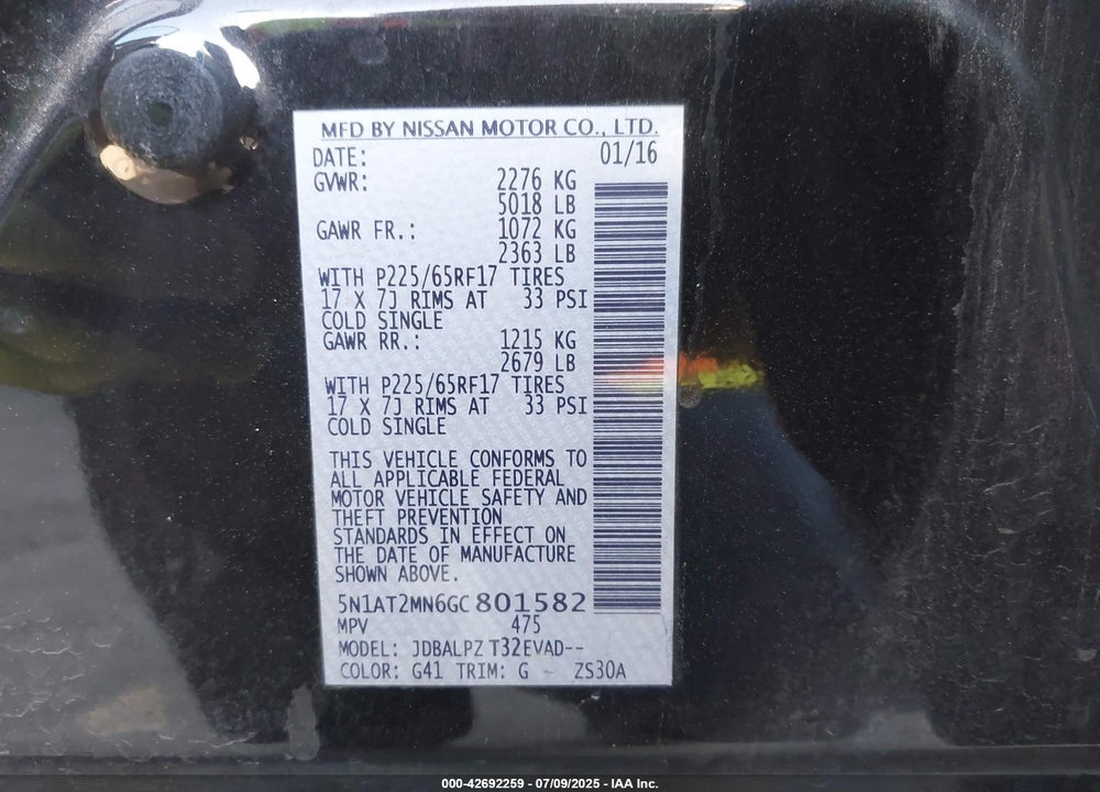 2016 NISSAN ROGUE VIN: 5N1AT2MN6GC801582