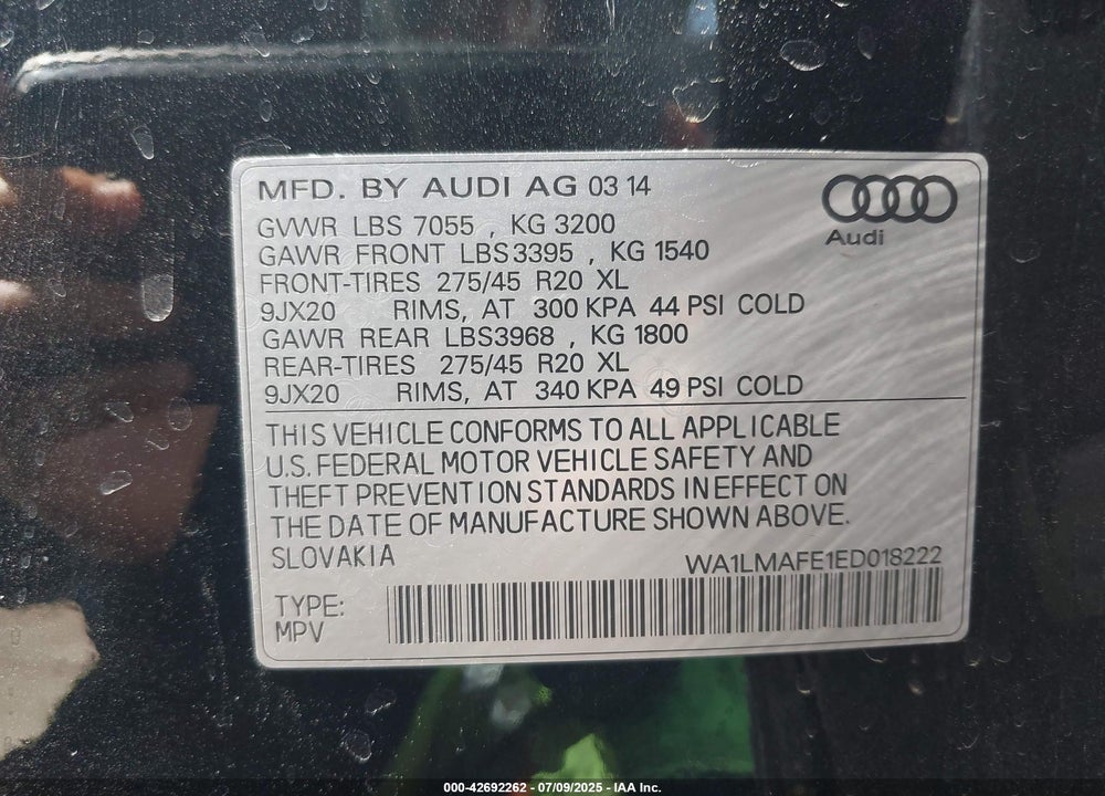 2014 AUDI Q7 VIN: WA1LMAFE1ED018222