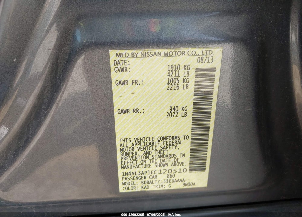 2014 NISSAN ALTIMA VIN: 1N4AL3AP1EC120510