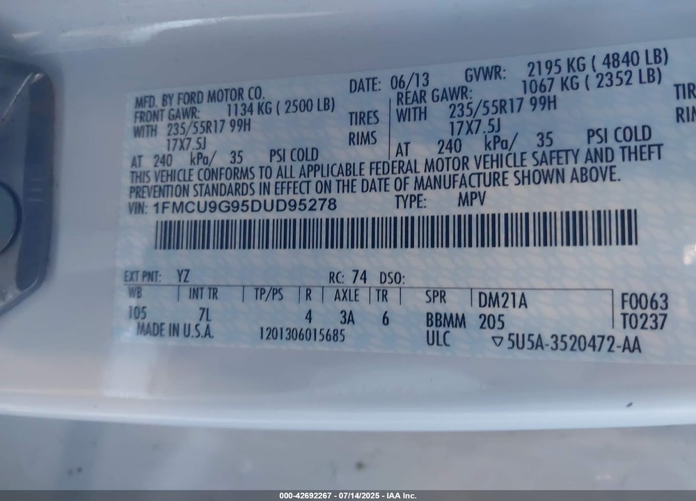 2013 FORD ESCAPE VIN: 1FMCU9G95DUD95278