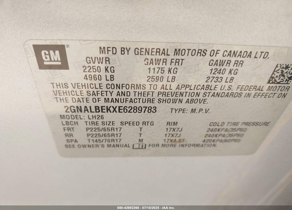 2014 CHEVROLET EQUINOX VIN: 2GNALBEKXE6289783