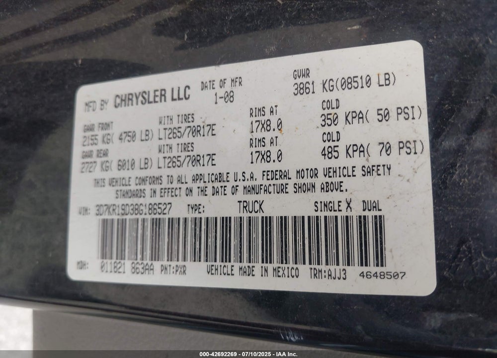 2008 DODGE RAM 1500 VIN: 3D7KR19D38G186527