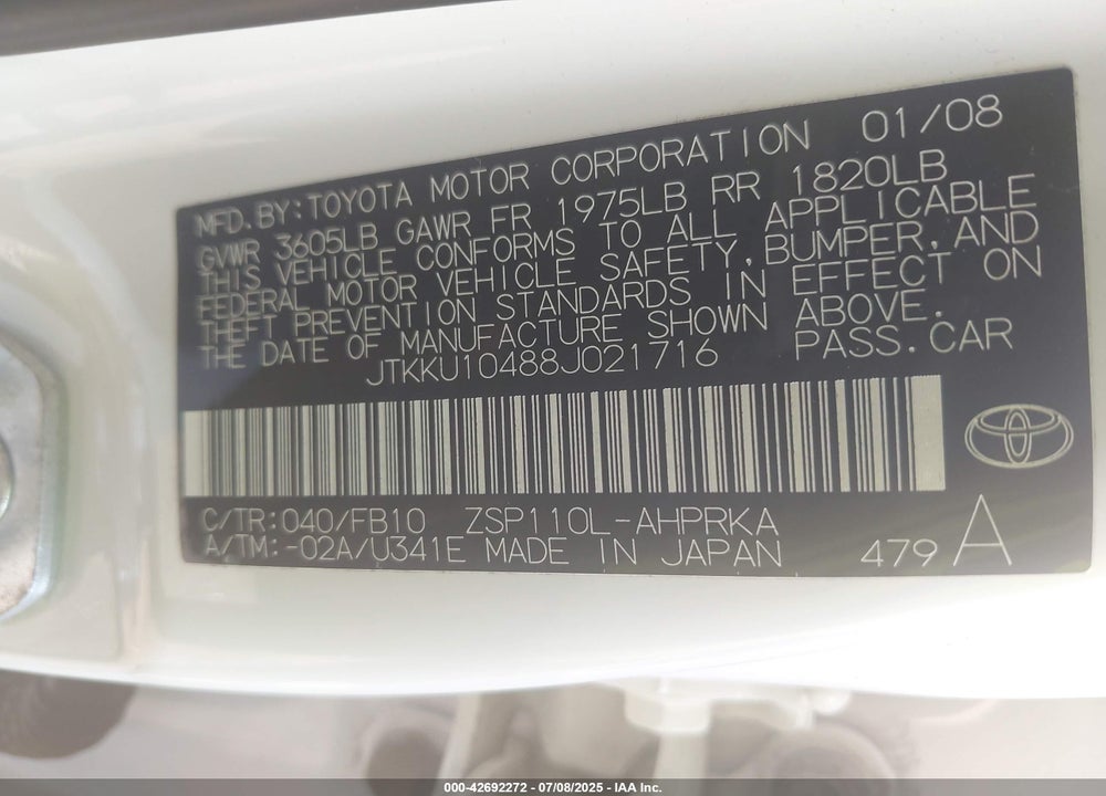 2008 SCION XD VIN: JTKKU10488J021716