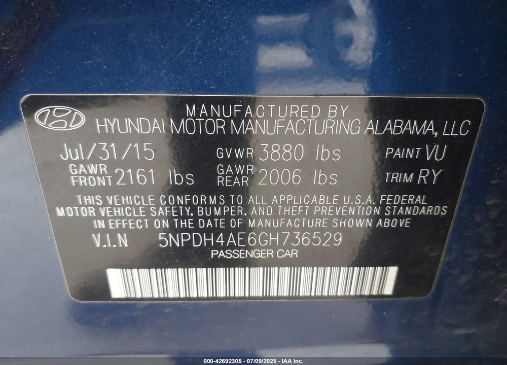 2016 HYUNDAI ELANTRA VALUE EDITION VIN: 5NPDH4AE6GH736529