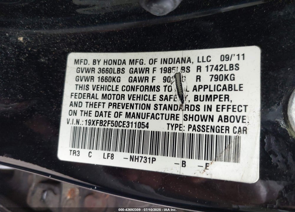 2012 HONDA CIVIC VIN: 19XFB2F50CE311054
