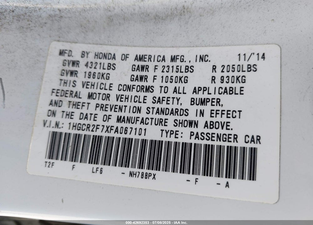 2015 HONDA ACCORD VIN: 1HGCR2F7XFA067101