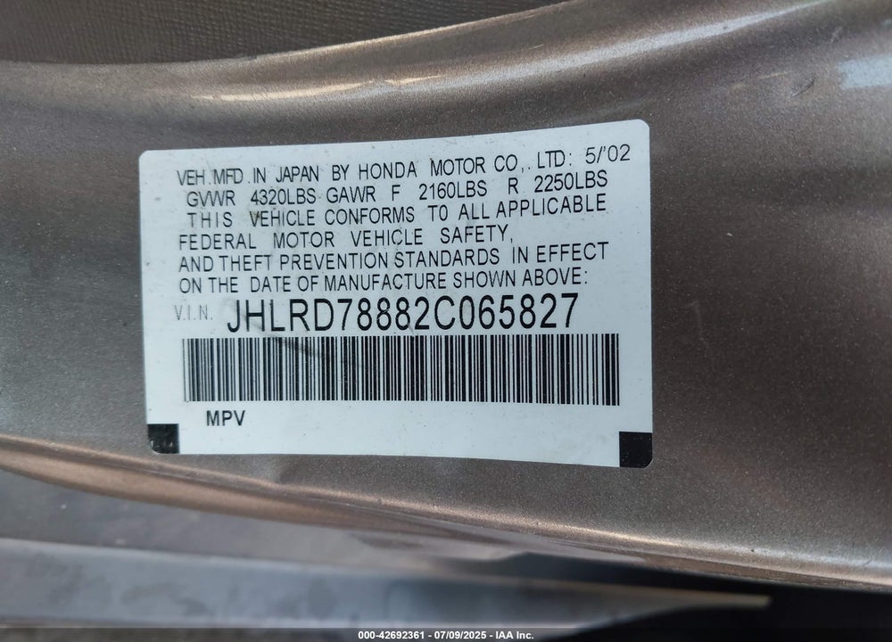 2002 HONDA CR-V EX VIN: JHLRD78882C065827