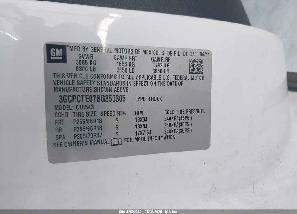 2011 CHEVROLET SILVERADO 1500 VIN: 3GCPCTE07BG350305
