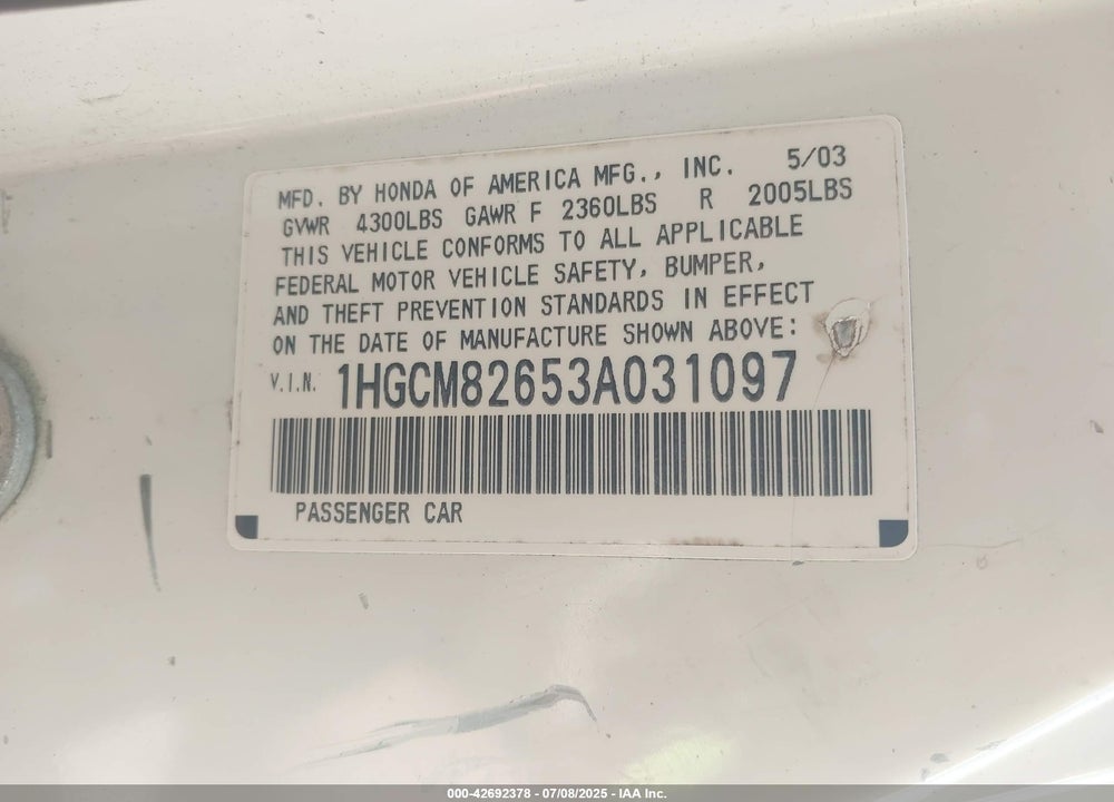2003 HONDA ACCORD 3.0 EX VIN: 1HGCM82653A031097