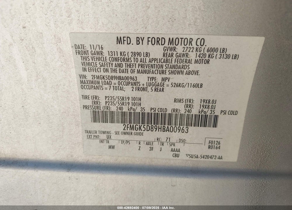 2017 FORD FLEX VIN: 2FMGK5D89HBA00963