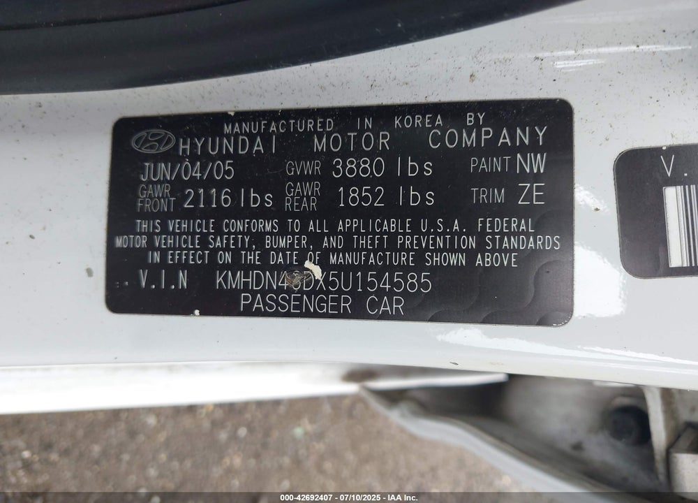 2005 HYUNDAI ELANTRA GLS/GT VIN: KMHDN46DX5U154585