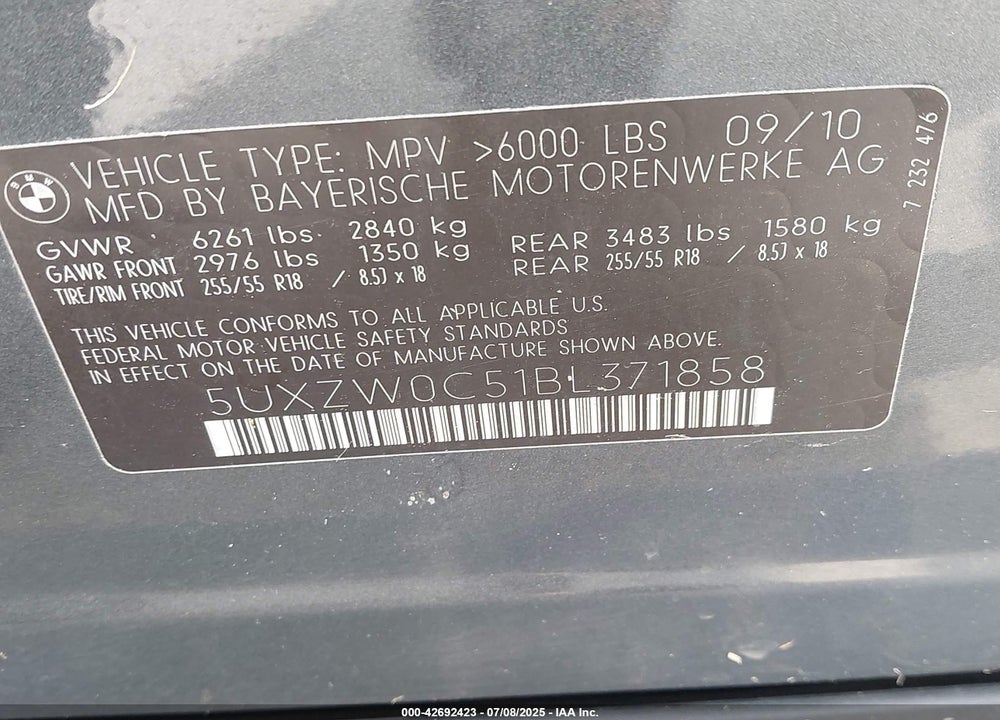 2011 BMW X5 XDRIVE35D VIN: 5UXZW0C51BL371858