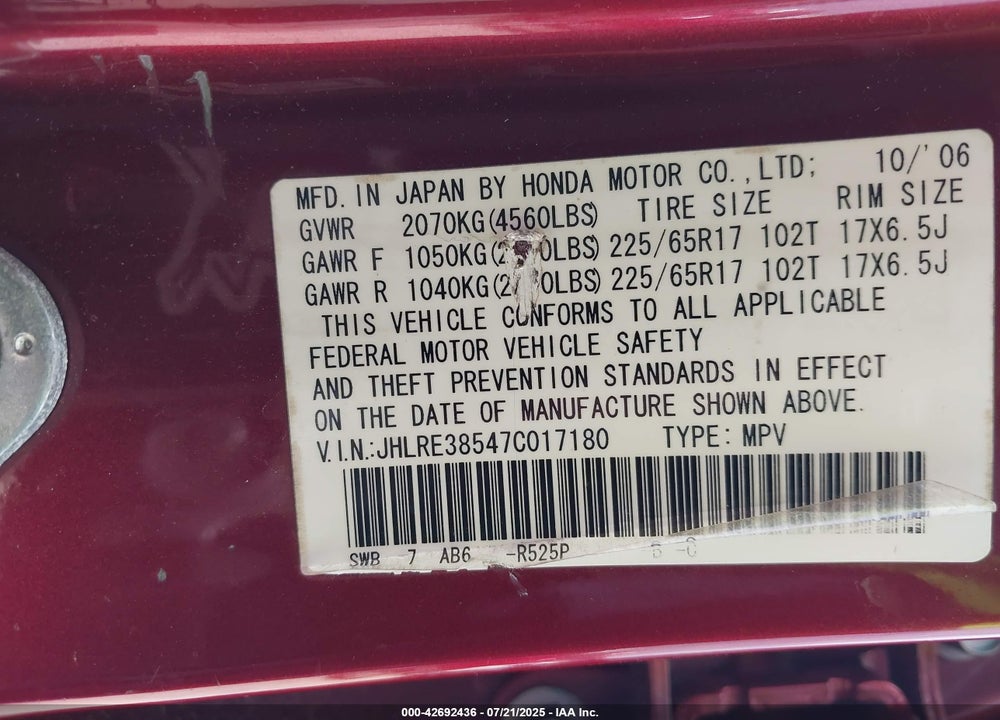 2007 HONDA CR-V EX VIN: JHLRE38547C017180