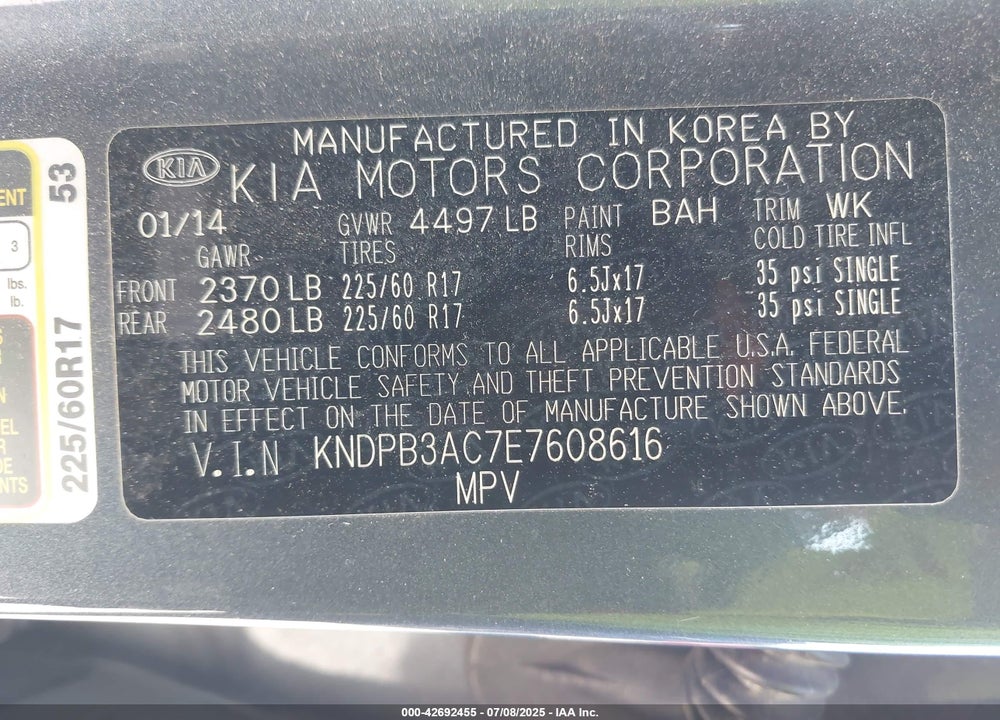 2014 KIA SPORTAGE VIN: KNDPB3AC7E7608616