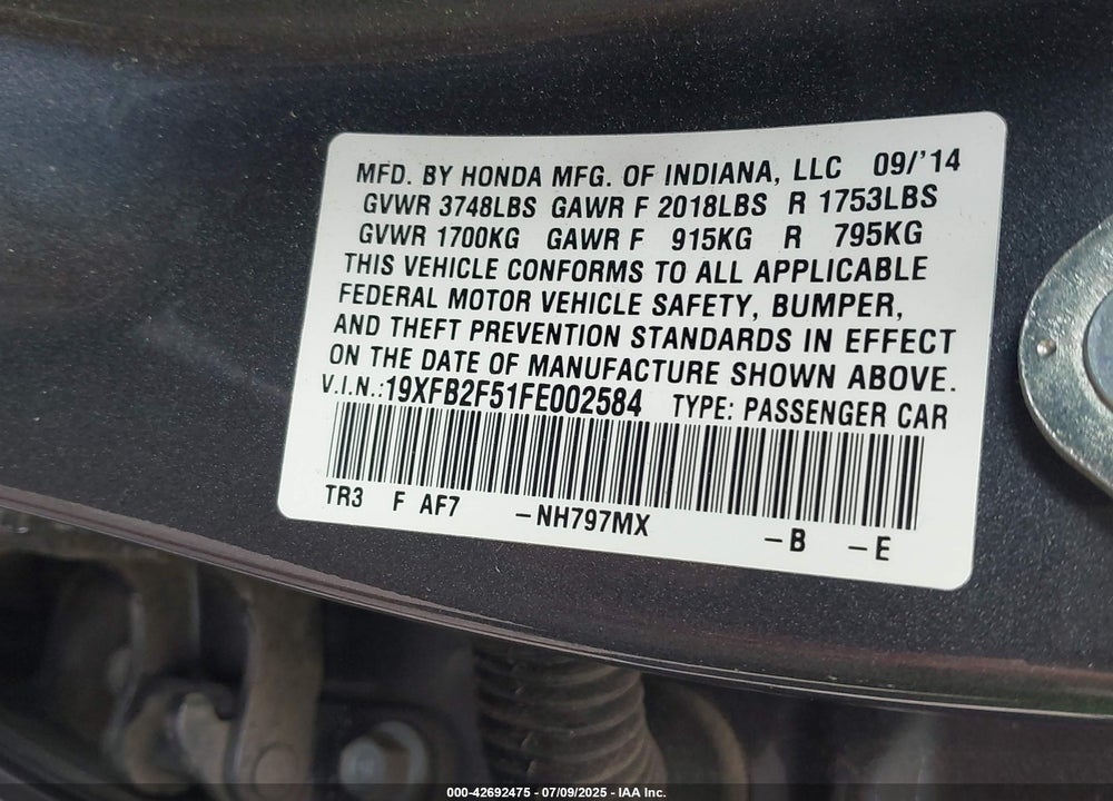 2015 HONDA CIVIC VIN: 19XFB2F51FE002584