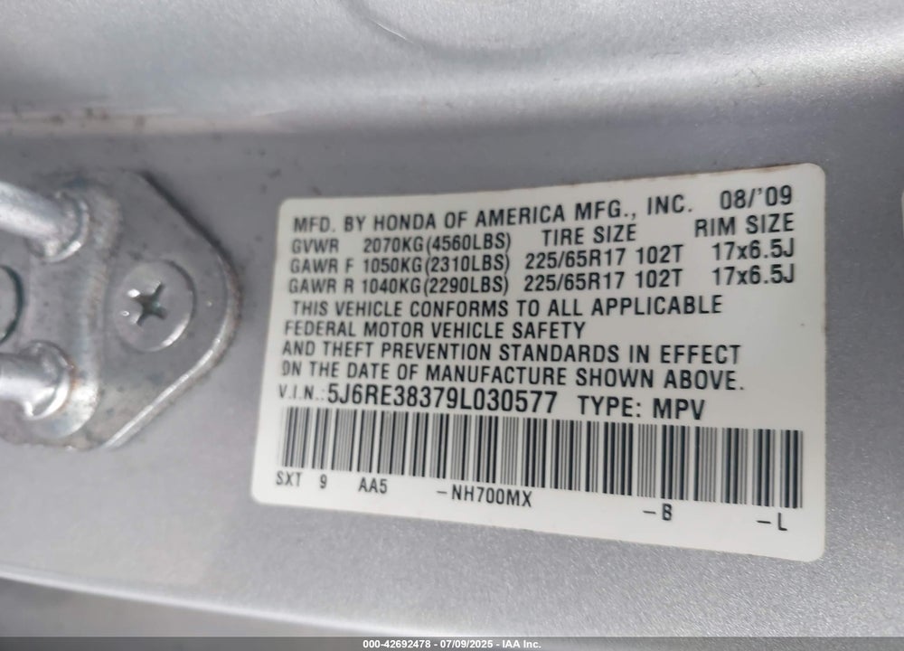 2009 HONDA CR-V VIN: 5J6RE38379L030577